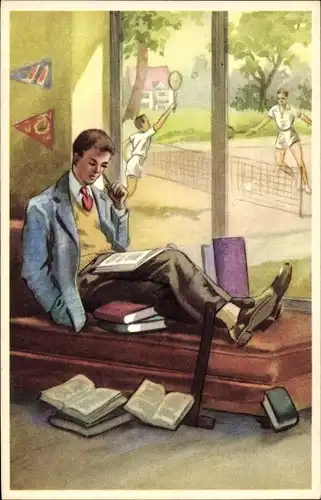 Ak Lesender Mann, Männer spielen Tennis