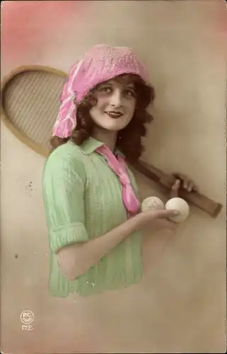 Ak Frau mit Tennisschläger, Portrait