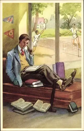 Ak Lesender Mann, Männer auf dem Tennisplatz