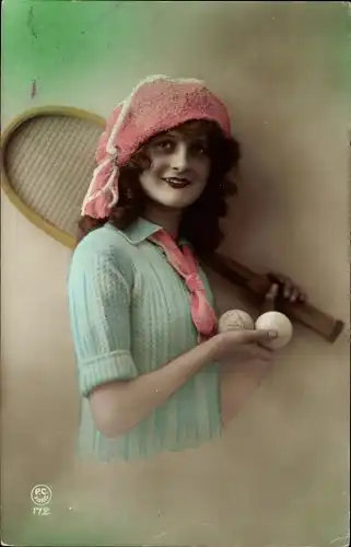 Ak Portrait einer Frau mit Tennisschläger