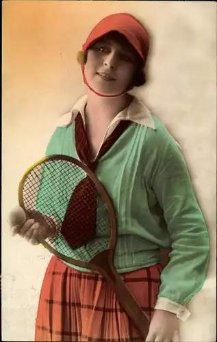 Ak Portrait einer Frau mit Tennisschläger