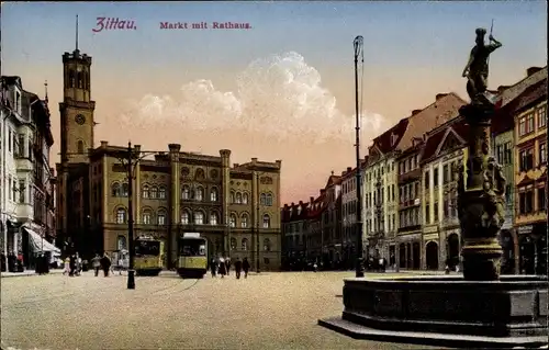 Ak Zittau in Sachsen, Markt, Rathaus, Brunnen, Trams