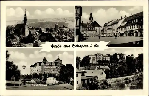 Ak Zschopau im Erzgebirge Sachsen, Schloss Wildeck, Oberschule, Markt, Panorama
