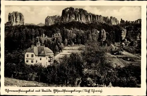 Ak Ostrau Bad Schandau in Sachsen, Schrammsteingebiet mit Baude, Schrammsteingebirge