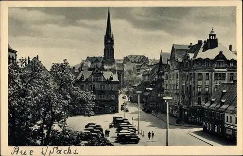Ak Aue Erzgebirge, Marktplatz, Nicolaikirche, Parkplatz