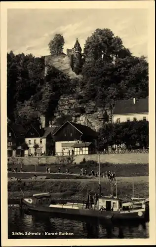 Ak Rathen an der Elbe Sächsische Schweiz, Teilansicht, Boot, Anlegestelle