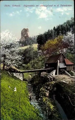 Ak Rathen an der Elbe Sächsische Schweiz, Sägemühle im Amselgrund mit dem Talwächter