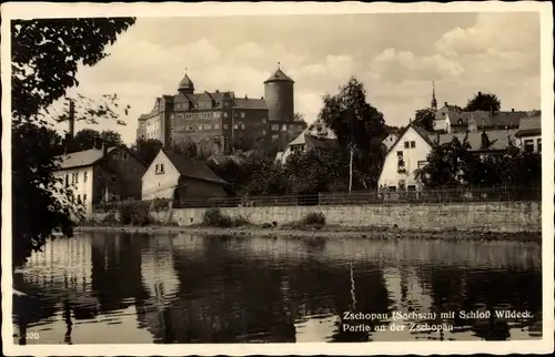 Ak Zschopau im Erzgebirge Sachsen, Schloss Wildeck, Partie an der Zschopau