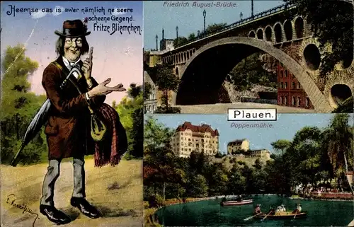 Ak Plauen im Vogtland, Friedrich August-Brücke, Poppenmühle, Fritze Bliemchen