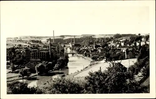 Ak Lunzenau in Sachsen, Blick über den Ort mit Brücke, Mulde, Schornsteine