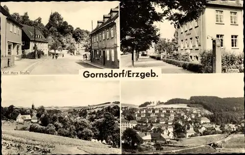 Ak Gornsdorf im Erzgebirge, Karl-Marx-Straße, Rathaus, Blick auf den Ort