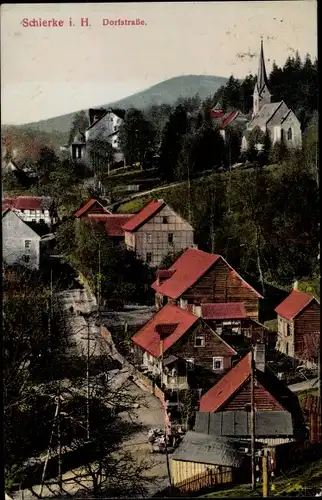 Ak Schierke Wernigerode am Harz, Wohnhäuser in der Dorfstraße, Kirche