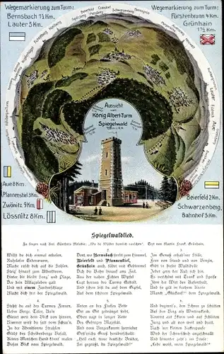 Litho Grünhain Beierfeld im Erzgebirge Sachsen, König Albert Turm, Spiegelwald, Spiegelwaldlied