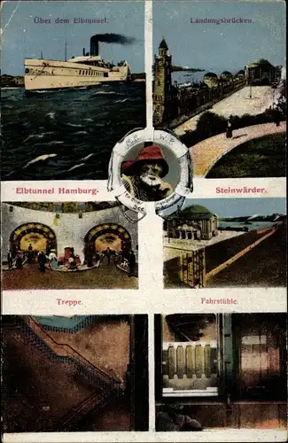Ak Hamburg Mitte St. Pauli, Über dem Elbtunnel, Landungsbrücken, Treppe, Fahrstühle