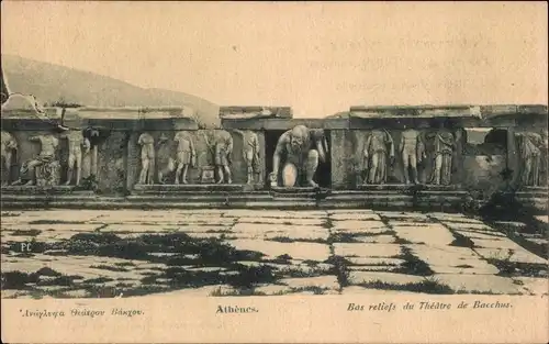 Ak Athen Griechenland, Bas reliefs du Theatre de Bacchus