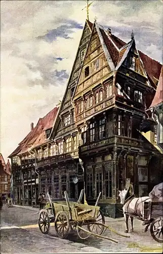 Künstler Ak Heyer, R., Hildesheim, Das Altdeutsche Haus in der Osterstraße, Fuhrwerk