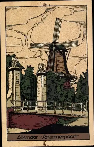 Steindruck Ak Alkmaar Nordholland Niederlande, Schermerpoort, Windmühle