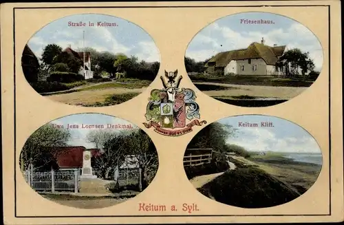 Ak Keitum auf Sylt, Friesenhaus, Uwe Jens Lornsen Denkmal, Kliff, Straße, Wappen