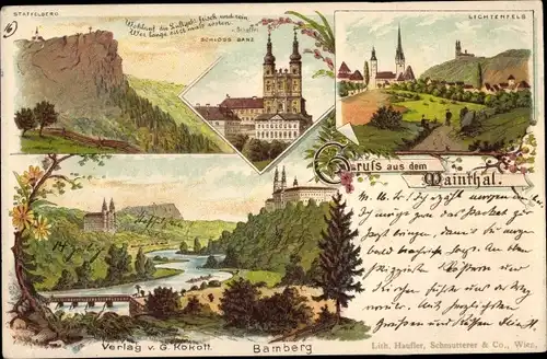 Litho Lichtenfels am Main Oberfranken, Staffelberg, Schloss Banz, Wohlauf die Luft geht frisch