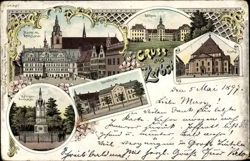 Litho Zerbst in Anhalt, Bauschule, Kriegerdenkmal, Markt, Rathaus, Kirche, Schloss