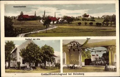 Ak Gotthelffriedrichsgrund Bieberstein Reinsberg in Sachsen, Gasthof zur Alm, Saal, Ortsansicht