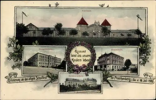 Ak Frankenberg in Sachsen, Allgem. Schulfest 1906, Festhalle, Bürgerschule, Realschule, Seminar