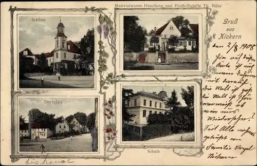 Ak Dresden Prohlis Nickern, Schloss, Dorfplatz, Schule, Materialwarenhandlung Posthilfsstelle Näke