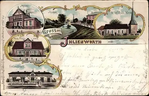 Litho Ihlienworth in Niedersachsen, Meierei, Postamt, Fohlenstall, St. Wilhadikirche