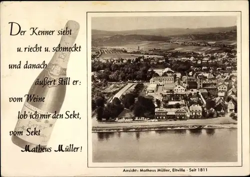 Ak Eltville am Rhein Hessen, Fliegeraufnahme, Sektkellerei Matheus Müller, Reklame