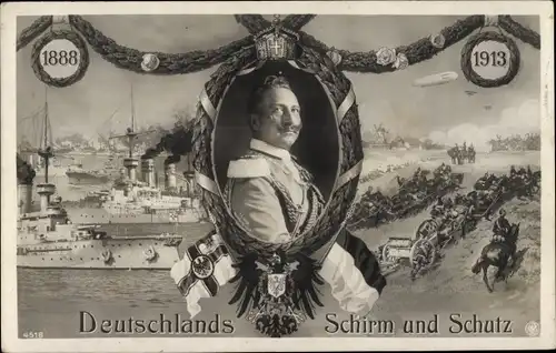Passepartout Ak Kaiser Wilhelm II., Zeppelin, Deutsches Kriegsschiff, Deutschlands Schirm und Schutz