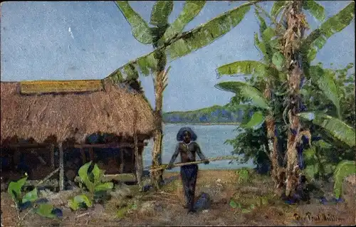 Künstler Ak Müller, P. P., Papua in Neuguinea, Dorf, Hütte, Strohdach