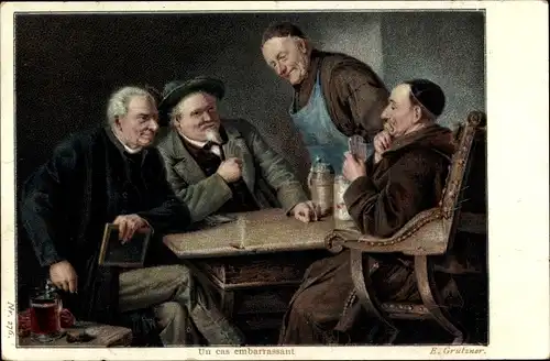 Künstler Ak Grützner, E., In Verlegenheit, Männer beim Kartenspiel, Geistlicher