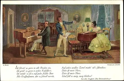 Künstler Lied Ak Broch, A., Komponist Schubert musiziert, Klavier, Singspiel Das Dreimäderlhaus