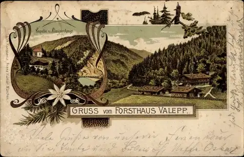 Litho Schliersee im Kreis Miesbach Oberbayern, Forsthaus Valepp, Kapelle, Klausenhaus