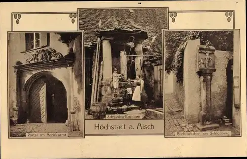 Ak Höchstadt an der Aisch, Schwedenbrunnen, Bildstöckchen am Schlossberg, Bezirksamt