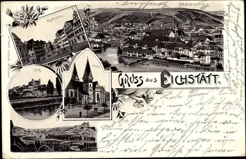 Litho Eichstätt in Oberbayern, Dom, Burg, Marktplatz, Totalansicht der Ortschaft, Fluss