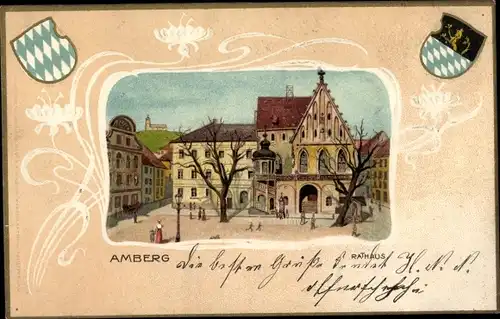 Präge Wappen Passepartout Ak Amberg in der Oberpfalz Bayern, Rathaus