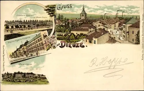 Litho Dieuze Duss Duß Lothringen Moselle, Stadt, Kasernen, Offiziershaus