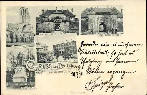 Ak Phalsbourg Pfalzburg Lothringen Moselle, Deutsches Tor, Französisches Tor, Kath. Kirche, Denkmal