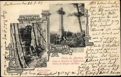Ak Troisfontaines Moselle, Croix de Menthon, Haiden Felsen, Rehthal