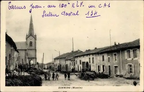 Ak Zimming Zimmingen Lothringen Moselle, Straßenpartie, Kirche