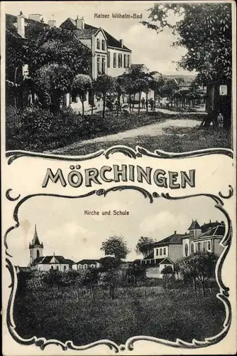 Ak Morhange Mörchingen Lothringen Moselle, Kaiser Wilhelm Bad, Kirche, Schule
