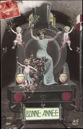 Ak Glückwunsch Neujahr, Frau und Kinder auf einer Dampflok