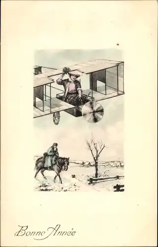 Ak Glückwunsch Neujahr, Frau in einem Doppeldecker, Reiter