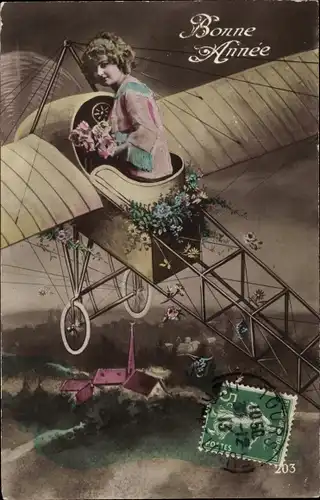 Ak Glückwunsch Neujahr, Frau in einem Flugzeug, Fotomontage