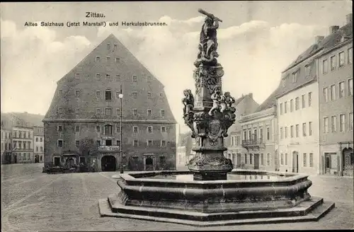 Ak Zittau in der Oberlausitz, Altes Salzhaus, Marstall, Herkulesbrunnen, Platz