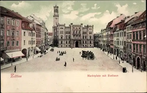 Ak Zittau in der Oberlausitz, Marktplatz mit Rathaus