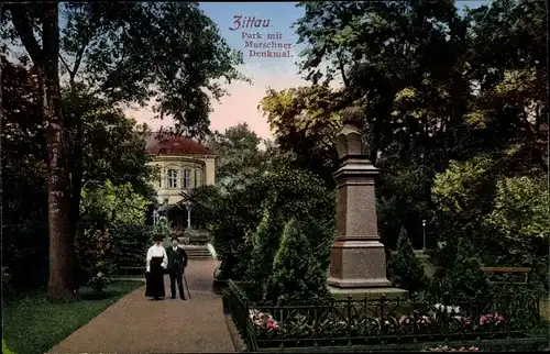 Ak Zittau in Sachsen, Park mit Marschner Denkmal