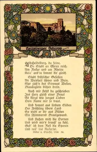 Passepartout Ak Heidelberg am Neckar, Schloss, Gedicht von Viktor v. Scheffel