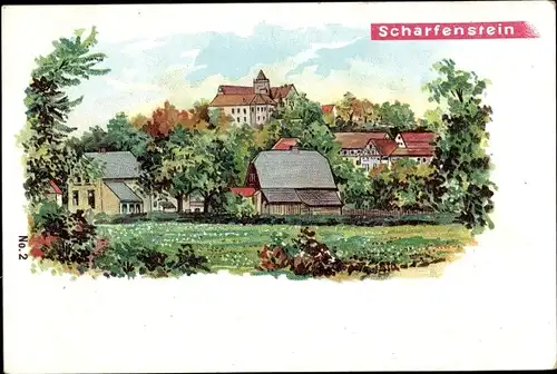 Künstler Ak Scharfenstein Drebach im Erzgebirge Sachsen, Ortsansicht